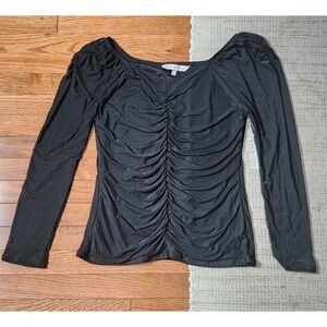 Willow Drive Ruched Mesh Top L Black Long Sleeve V-Neck Goth